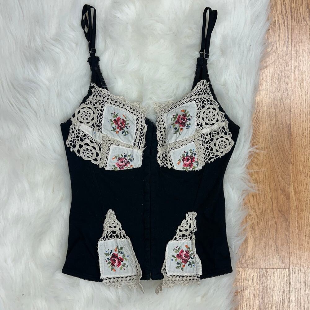Euro Fairy Black Crochet Cross Stitch Floral Corset Cami